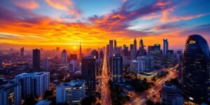 City skyline with modern buildings at sunset.