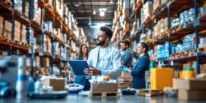 Warehouse workers efficiently managing inventory in a modern setting.