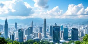 Modern Malaysian skyline with greenery and iconic buildings.