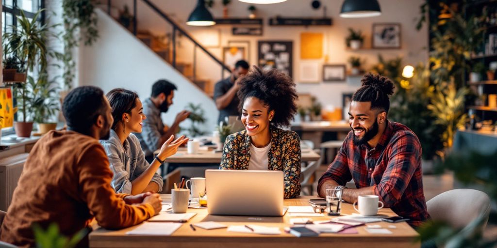 Entrepreneurs collaborating in a vibrant, creative workspace.