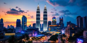 Kuala Lumpur skyline at dusk with illuminated towers.